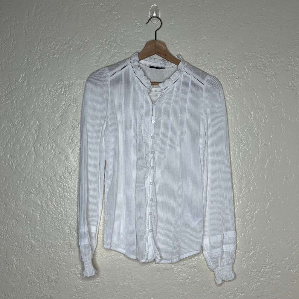 Quince Organic Textured Cotton Peasant Blouse White Ruffle Mock Neck Small